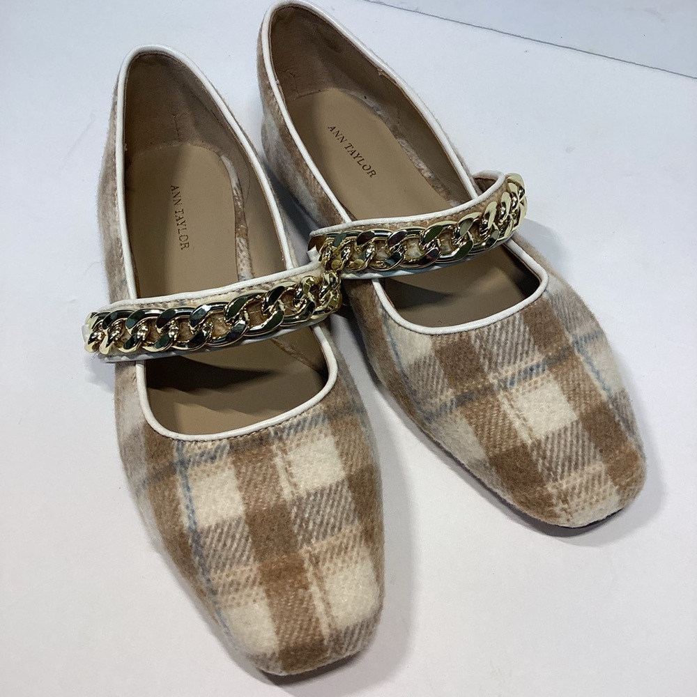 RARE Ann Taylor Brown Tweed Fabric Plaid Golden Chain Mary Jane Flats NWOT 5.5